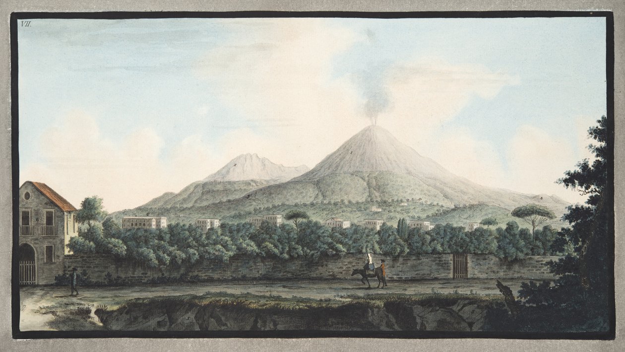 Kilátás a Vezúvra a tenger partjáról, Sir William Hamilton (1730-1803) „Campi Flegrei: Észrevételek a két szicília vulkánjáról” című könyvéből, 1776-ban (kézzel színezett metszet) alkotó: Pietro Fabris