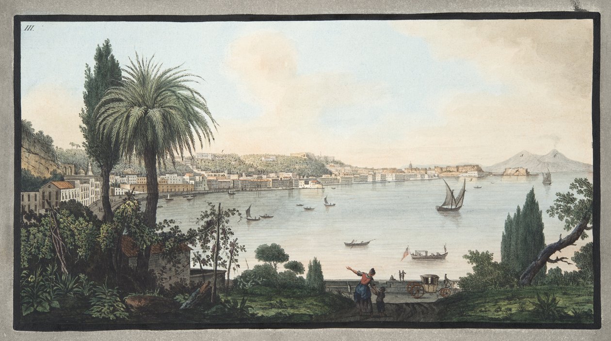 Nápoly képe Pausilipoból, III. tábla, a „Campi Phlegraei: Megfigyelések a két Szicília vulkánjairól” című művéből, Sir William Hamilton (1730-1803), megjelent 1776-ban (kézzel színezett metszet) alkotó: Pietro Fabris