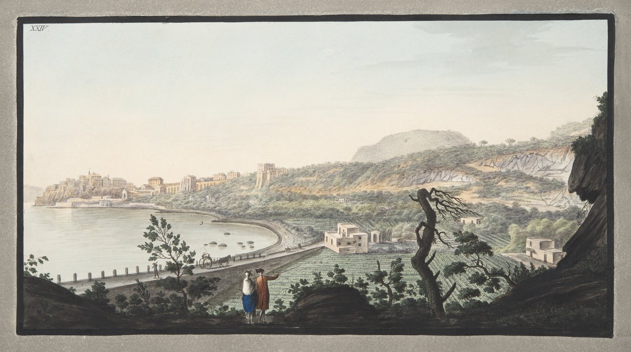 Puzzoli látképe a XIII. táblán ábrázolt helyről, XXIV. tábla a "Campi Phlegraei"-ből: Megfigyelések a két Szicília vulkánjairól", Sir William Hamilton (1730-1803), megjelent 1776-ban. alkotó: Pietro Fabris