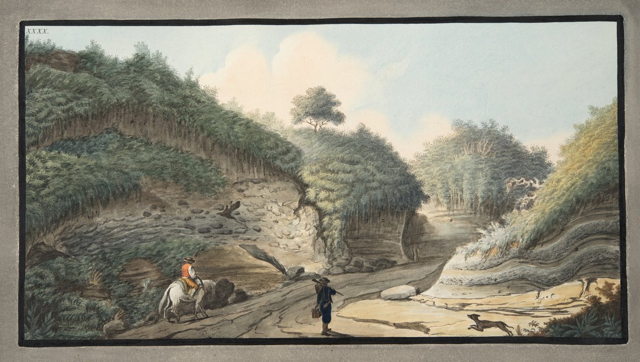 A Pausilipo ligetből Pianurába vezető üreges út látképe, XXXX. tábla, a "Campi Phlegraei" felől: Observations on the Volcanoes of the Two Sicilies", Sir William Hamilton (1730-1803), közreadva: "Observations on the Volcanoes of the Two Sicilies", Sir Willi alkotó: Pietro Fabris