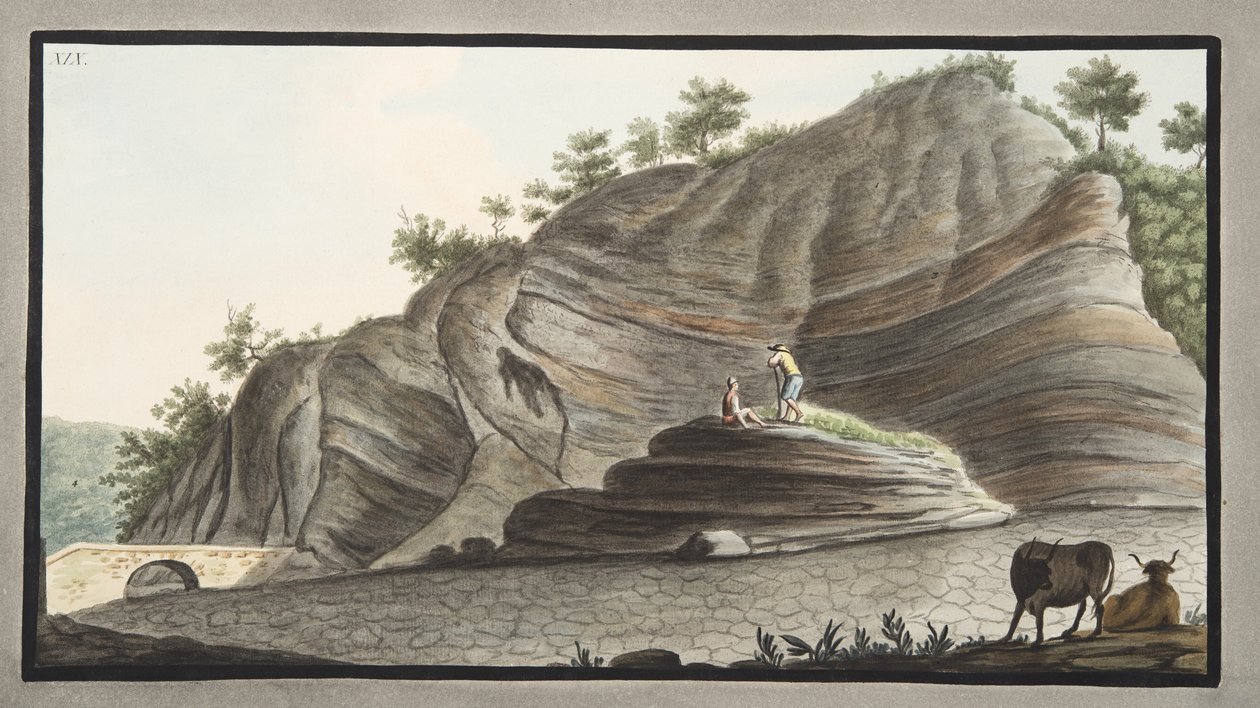 Az Astruni kúp egy részének metszete a vulkán bejáratánál, XIX. tábla a "Campi Phlegraei"-ből: Megfigyelések a két Szicília vulkánjairól", Sir William Hamilton ( alkotó: Pietro Fabris