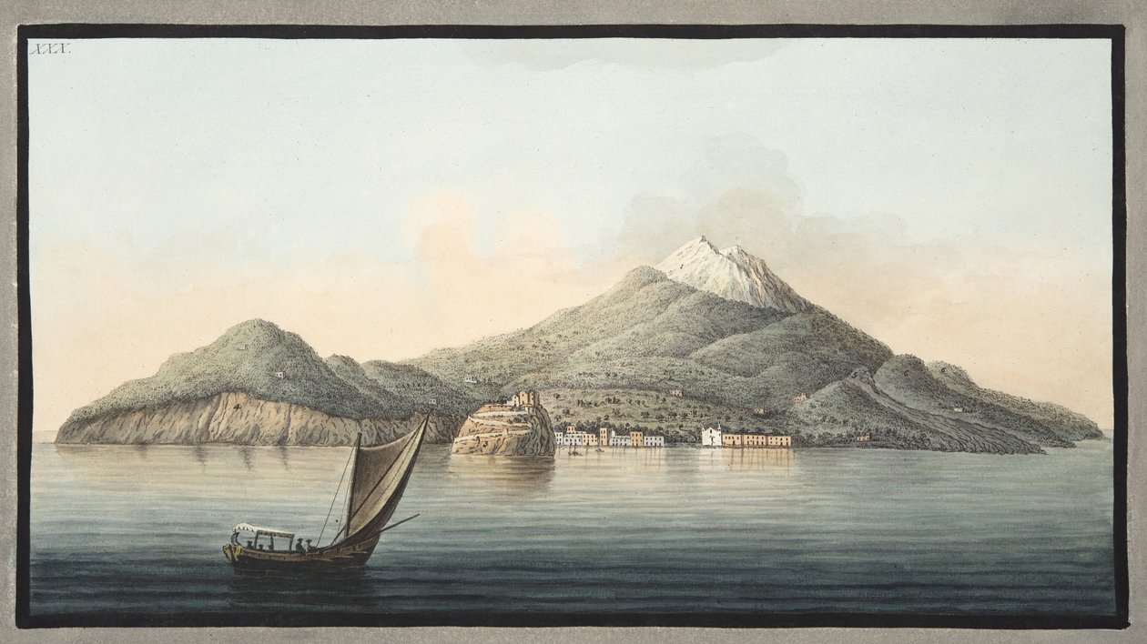 Ischia szigetének kilátása a tengerről, XXX. tábla, a „Campi Phlegraei: Észrevételek a két szicília vulkánjairól”, Sir William Hamilton (1730-1803), 1776-ban megjelent (kézzel színezett engr) alkotó: Pietro Fabris