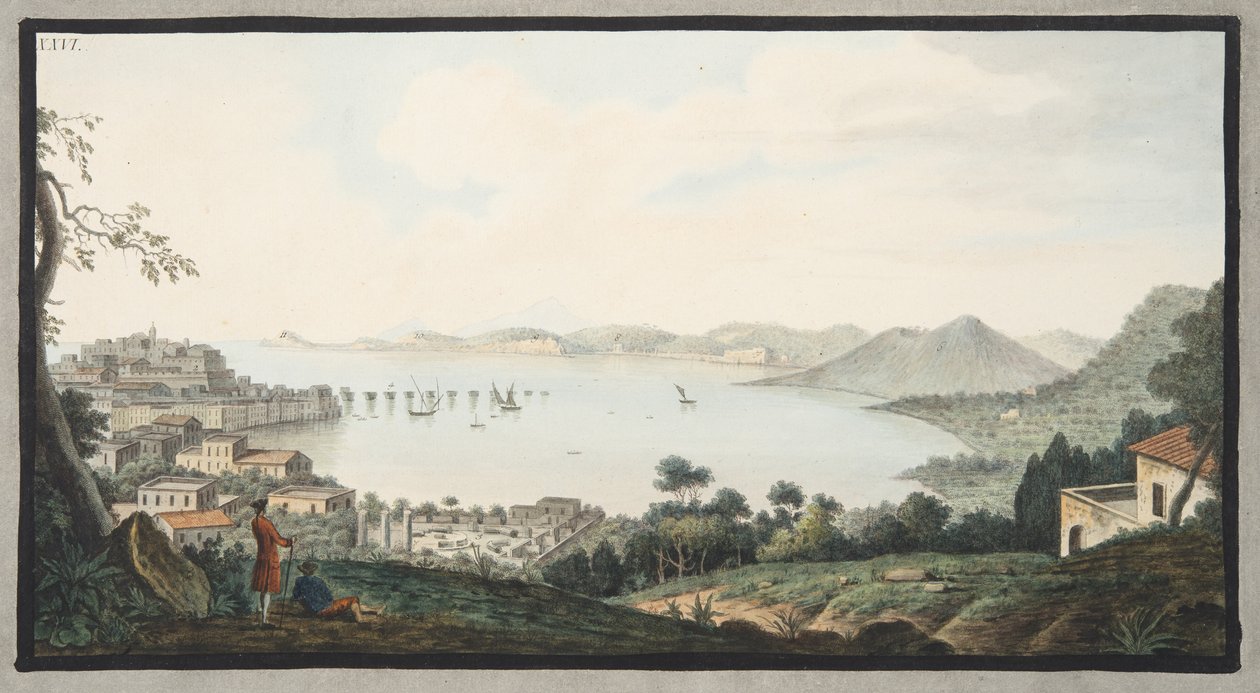 Az olasz tengerpartra nyíló kilátás Puzzoli mellől, 26. tábla Campi Phlegraei felől: Observations of the Volcanoes of the Two Sicilies", írta Sir William Hamilton (1730-1803), megjelent 1776-ban. alkotó: Pietro Fabris