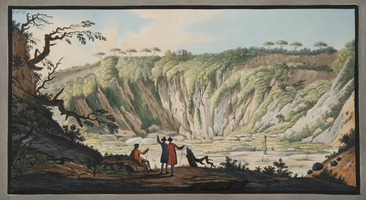 Kilátás a Monte Nuovo kráter aljáról, XXVII. tábla, Sir William Hamilton (1730-1803) „Campi Phlegraei: Észrevételek a két szicília vulkánjáról” című művéből, 1776-ban (ha) alkotó: Pietro Fabris