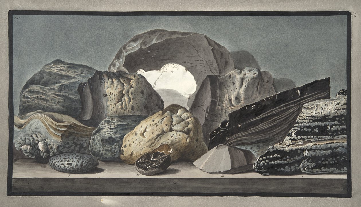 Vitrifikációk és egyéb vulkáni alkotások, LII. tábla, a „Campi Phlegraei: Észrevételek a két szicíliai vulkánokról”, Sir William Hamilton (1730-1803) 1776-ban jelent meg (kézzel színezett). alkotó: Pietro Fabris