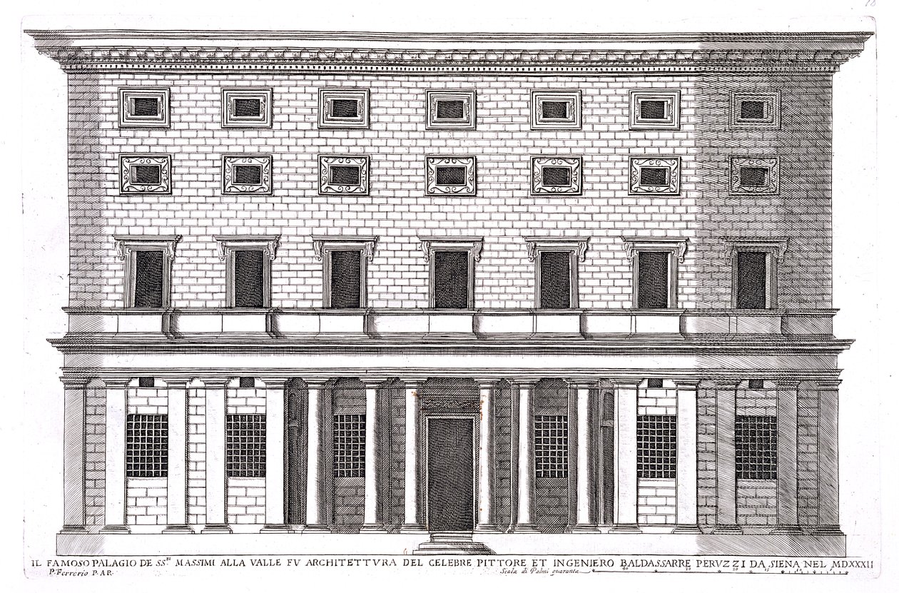 Kilátás a római Palazzo Massimi alla Valle homlokzatára, amelyet Baldassarre Peruzzi (1481-1536) tervezett 1532-ben alkotó: Pietro Ferrerio