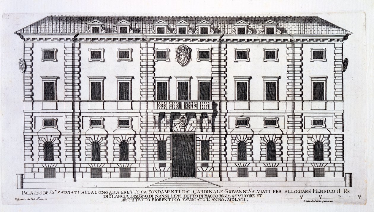 Kilátás a római Palazzo Salviati homlokzatára, amelyet Giovanni Salviati bíboros rendelte meg Henrik francia király házzal, és Nanni di Baccio Bigio (u. e. 1568) tervezte 1557-ben. alkotó: Pietro Ferrerio