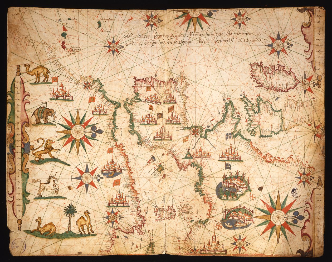 Európa atlanti partjai és a Földközi-tenger nyugati része egy tengeri atlaszból, 1651 (tinta pergamen) (lásd még: 330920-330921) alkotó: Pietro Giovanni Prunes