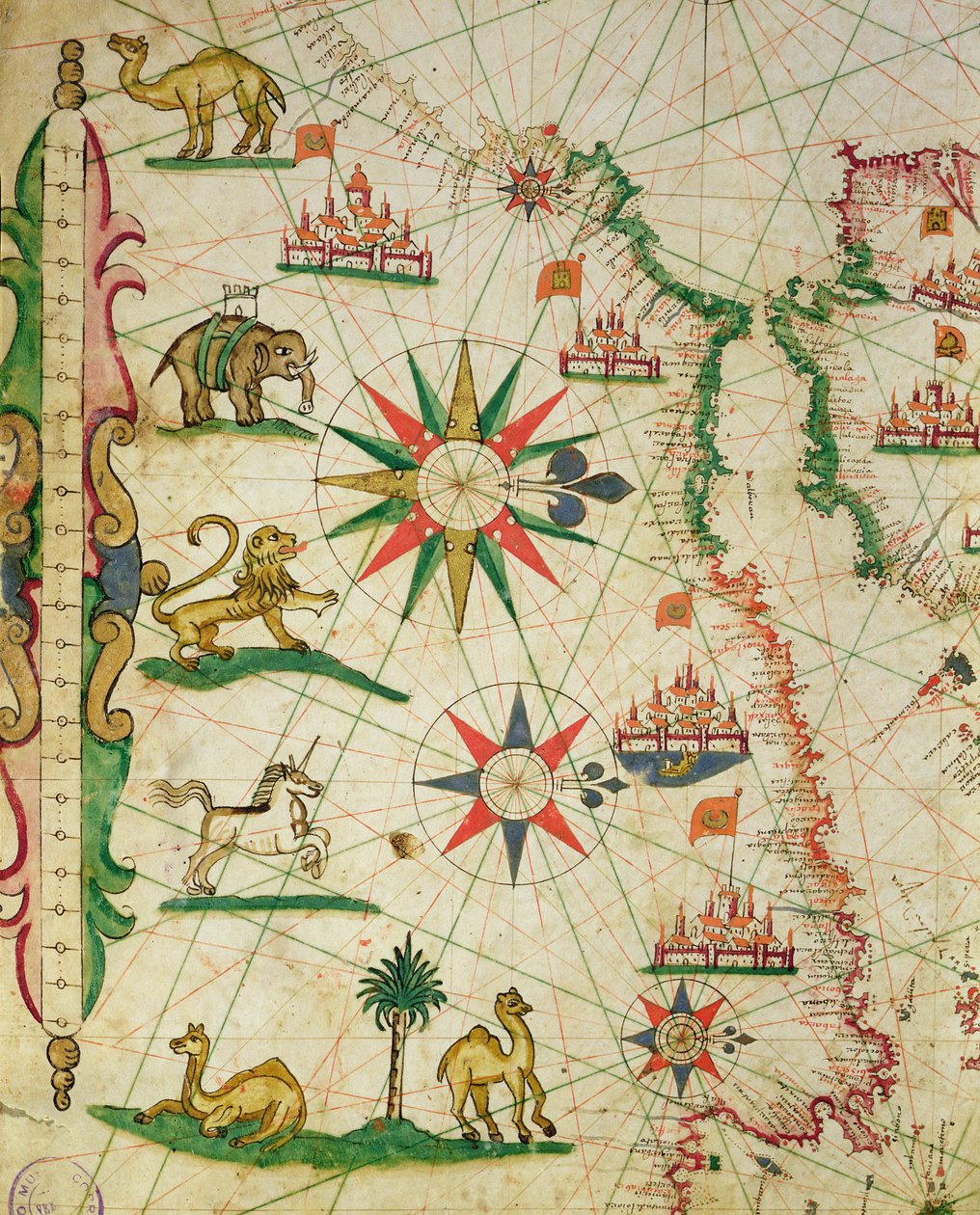 Az észak-afrikai partvidék, egy tengeri atlaszból, 1651 (tinta pergamen) (részlet a 330919-ből) alkotó: Pietro Giovanni Prunes