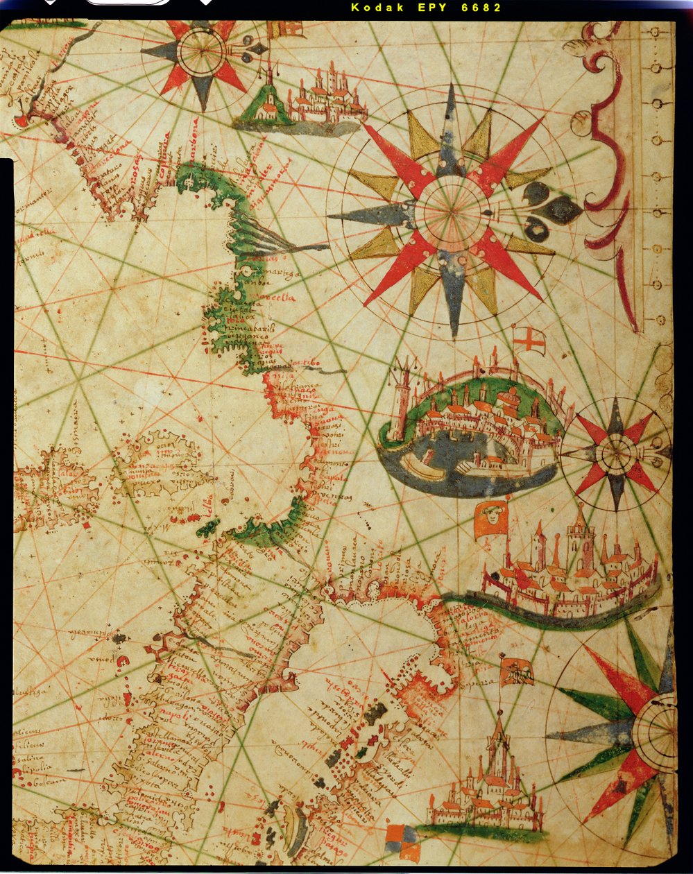 Franciaország, Olaszország és Dalmácia déli partja, egy tengeri atlaszból, 1651 (tinta pergamen) (részlet a 330924-ből) alkotó: Pietro Giovanni Prunes