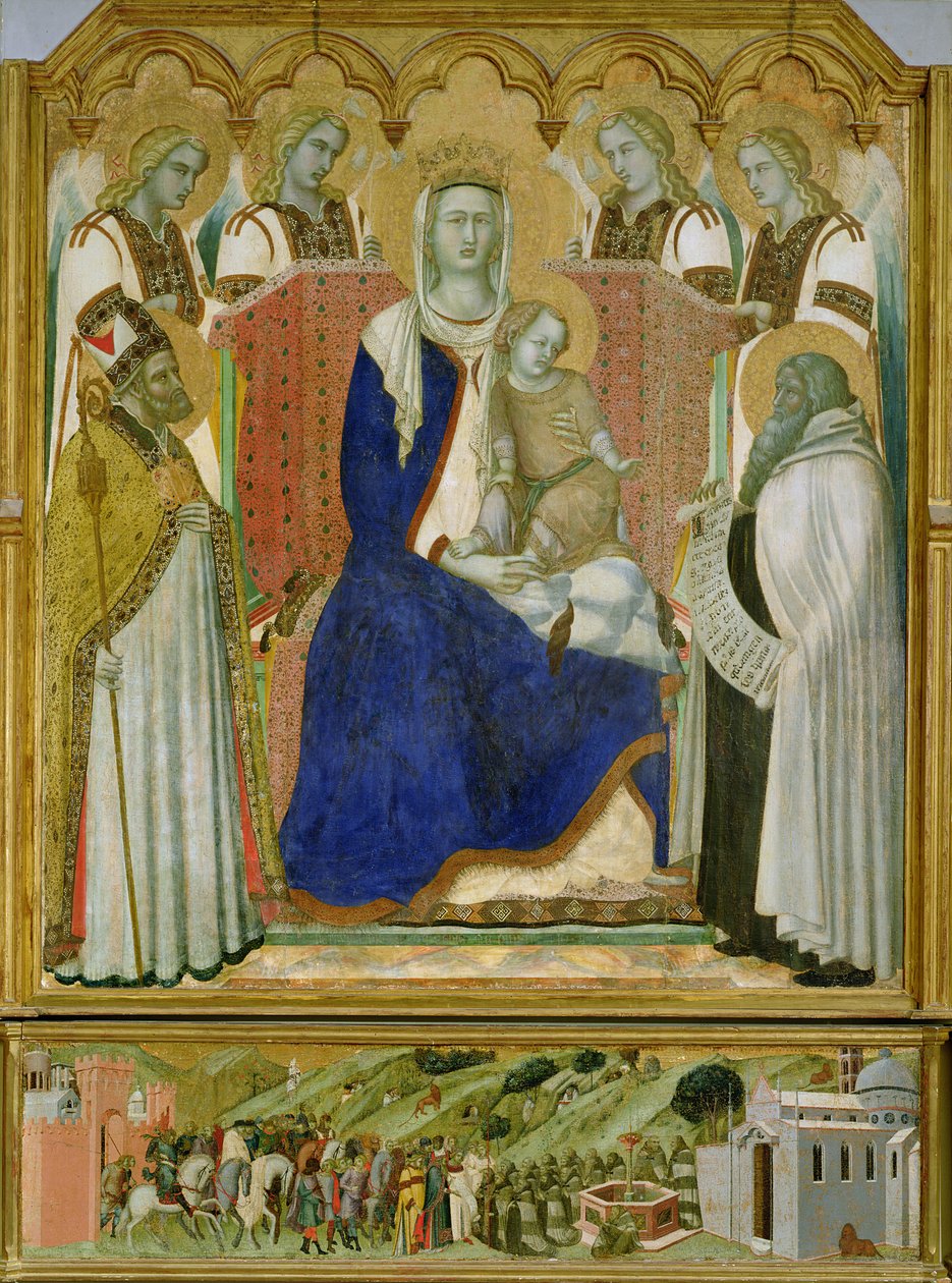 Kármin oltárkép, központi tábla, amely a Szűzanyát és a Gyermeket angyalokkal ábrázolja, Szent Miklóst és a prófétát, Illést, 1329 alkotó: Pietro Lorenzetti