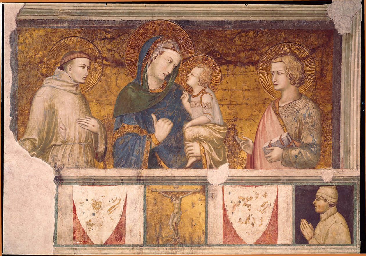 Szűz és gyermek Szent Ferenccel és Szent János evangélistával alkotó: Pietro Lorenzetti