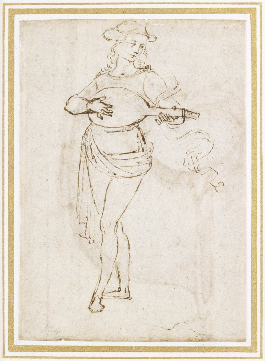 Lantlejátszó (toll és sötétbarna tinta fekete krétával, törtfehér papíron) alkotó: Pietro Perugino