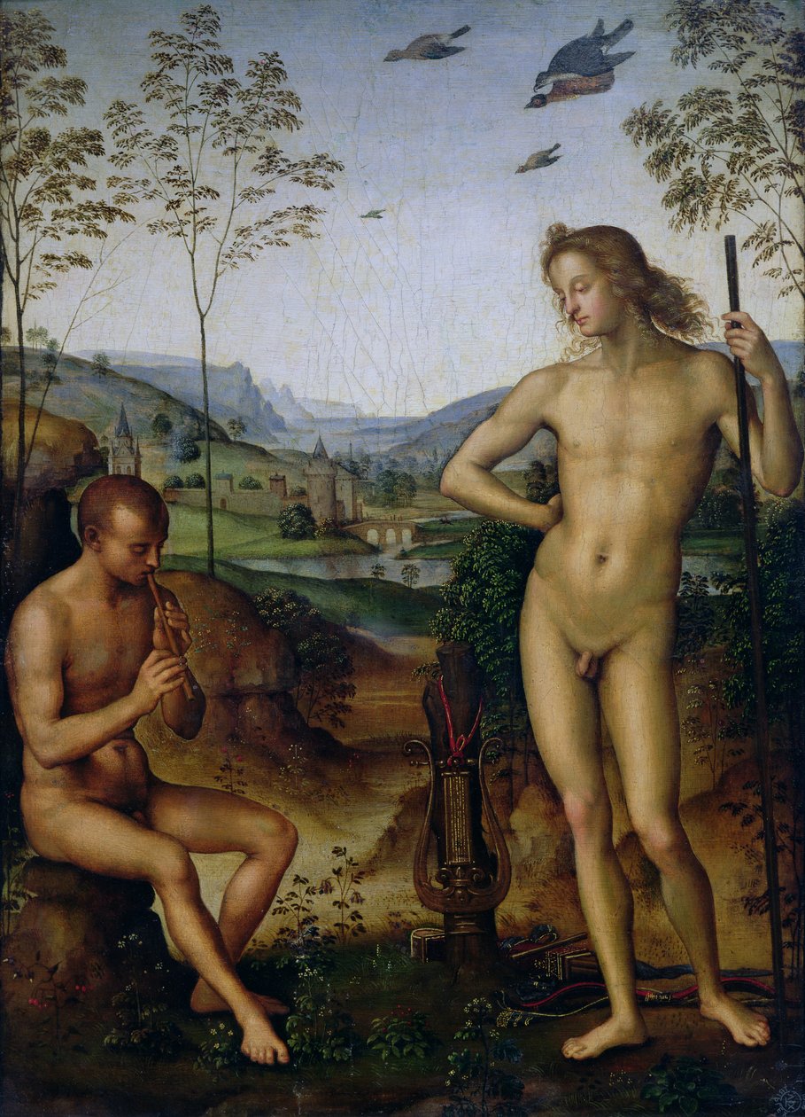 Apollo és a juhász Daphnis, 1490-1500 körül alkotó: Pietro Perugino