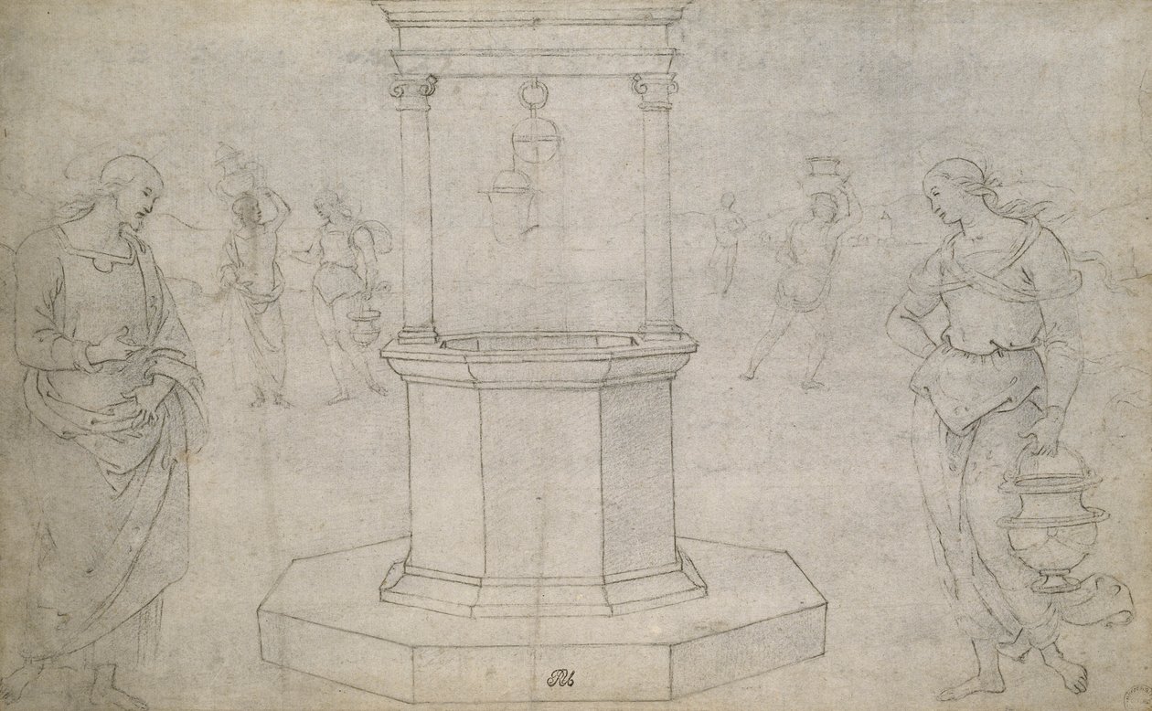 Krisztus és a szamáriai asszony (fekete kréta törtfehér papíron) alkotó: Pietro Perugino