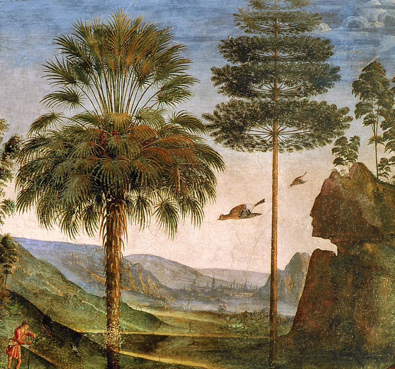 Pálcára támaszkodó ember, repülő madarak, fák, sziklák, egy tó és egy távoli város tornyokkal, részlet a „Mózes utazása”, 1481-3 körül (218710 részlet) alkotó: Pietro Perugino
