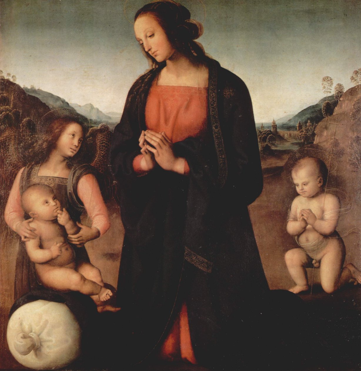 Mária imádja a Krisztus -gyermeket Keresztelő Jánossal és egy angyallal (Madonna des Sacco) alkotó: Pietro Perugino