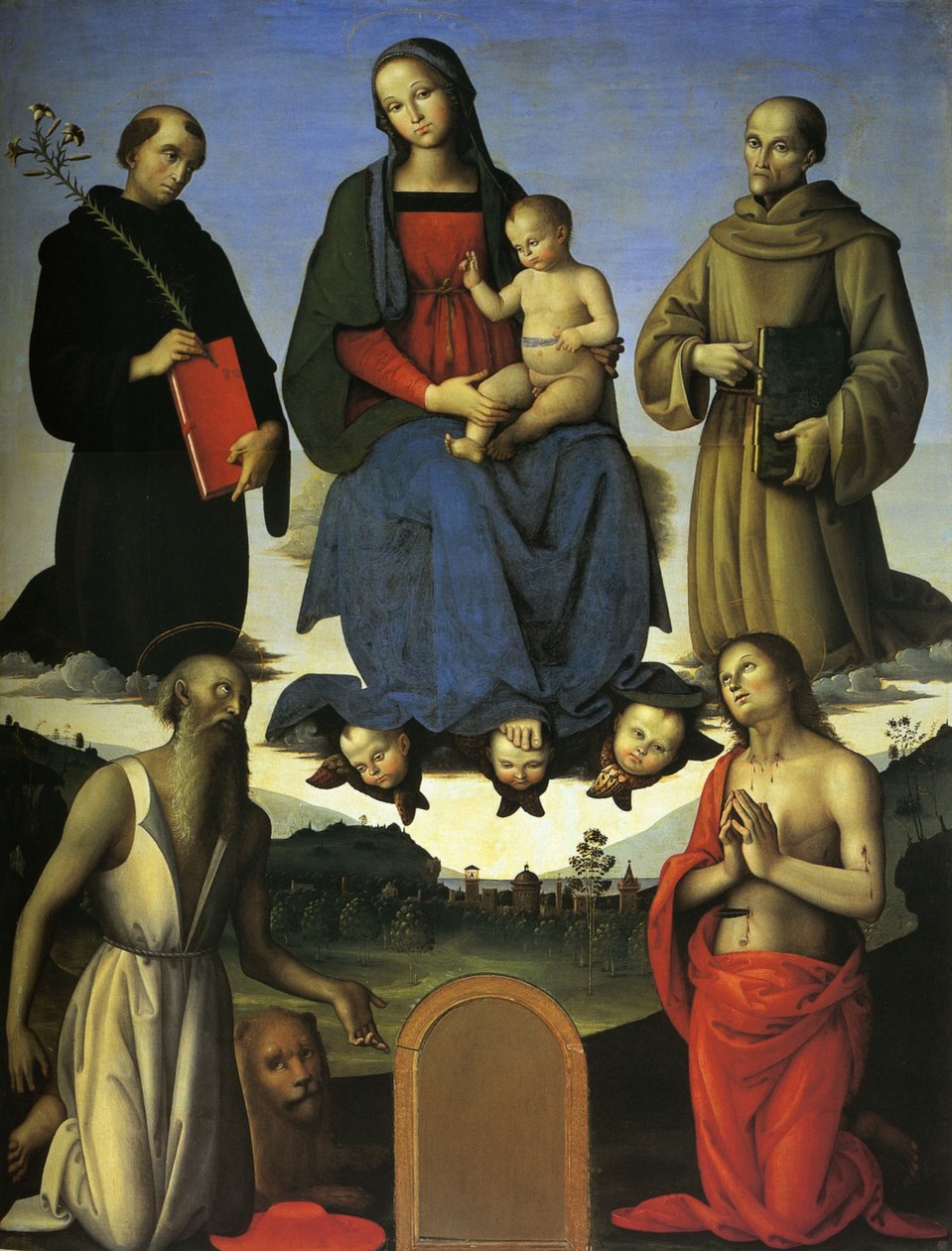 Tezi oltárkép (Szűz és gyermek, Tolentino -i Szent Miklós és Sienai Szent Bernardino) alkotó: Pietro Perugino
