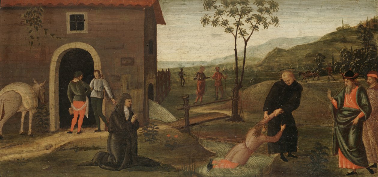Tolentinói Szent Miklós megment egy fiút a fulladástól, 1500-30 körül (tempera fatáblán) alkotó: Pietro Perugino