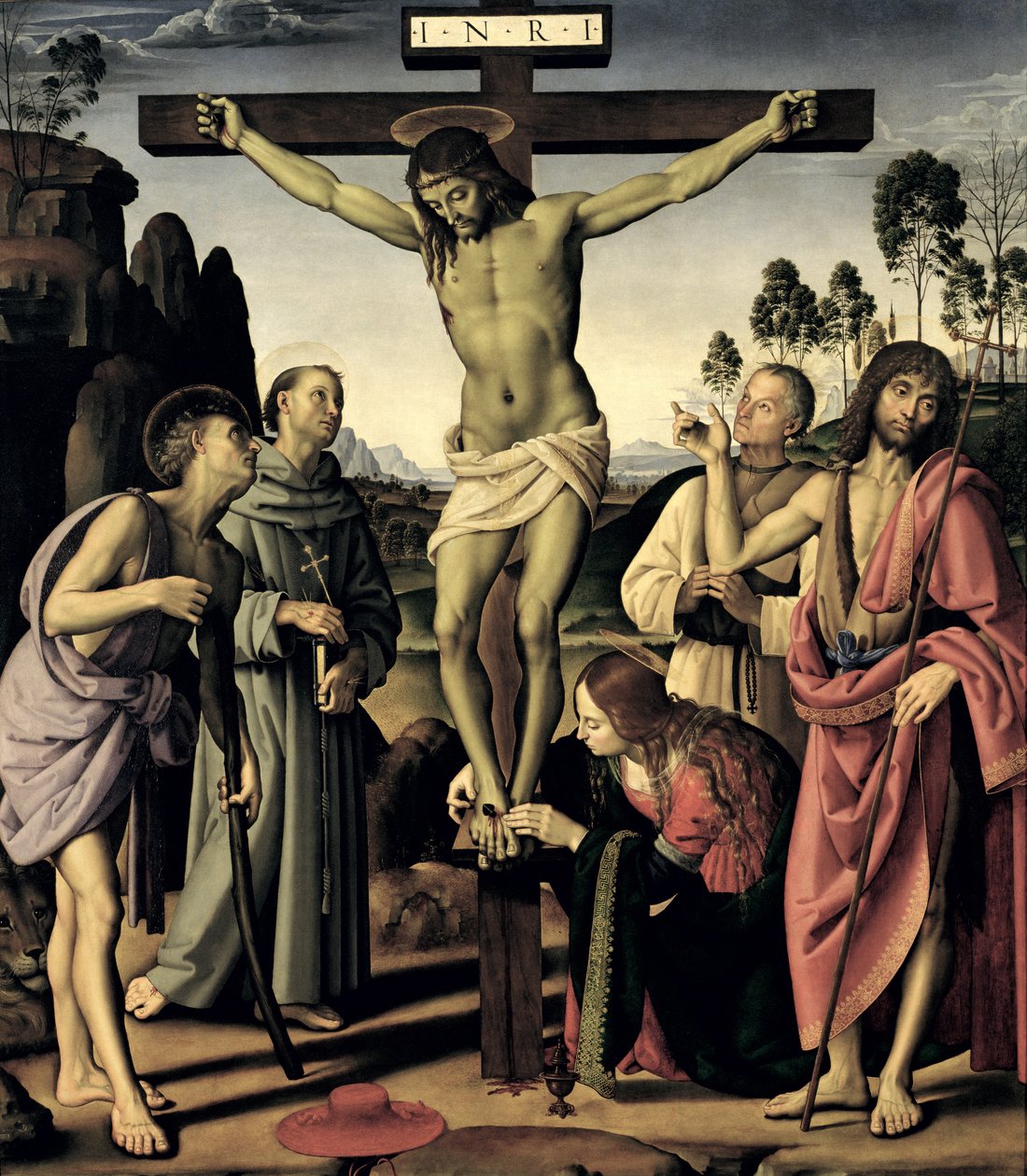 A keresztre feszítés Szent Jeromos, Ferenc, Mária Magdolna, Keresztelő János és az áldott Giovanni Colombini, 1480-1500 körül. alkotó: Pietro Perugino