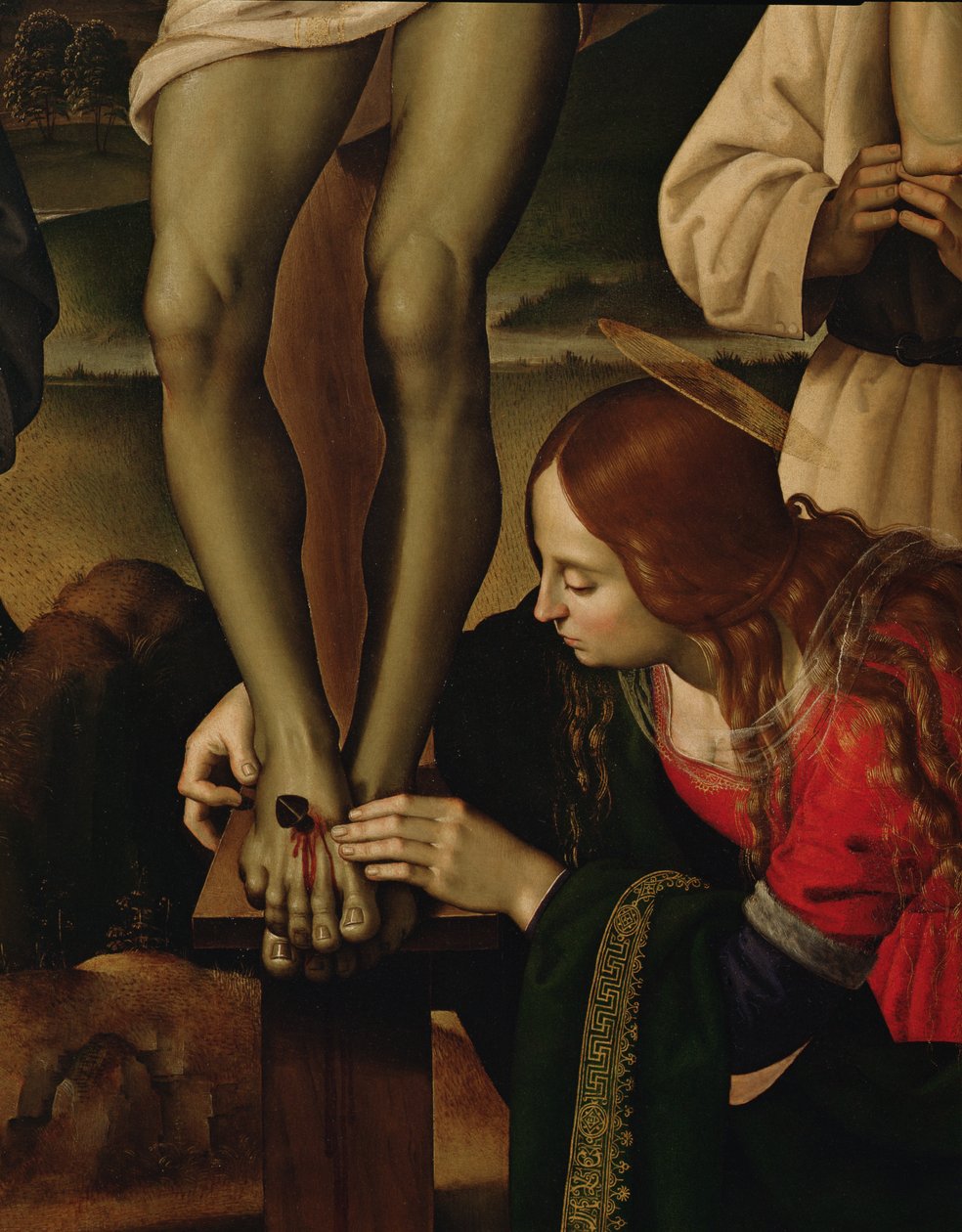 A keresztre feszítés szentekkel, 1480-1500 körüli olaj, 85666-os tábla részlete alkotó: Pietro Perugino