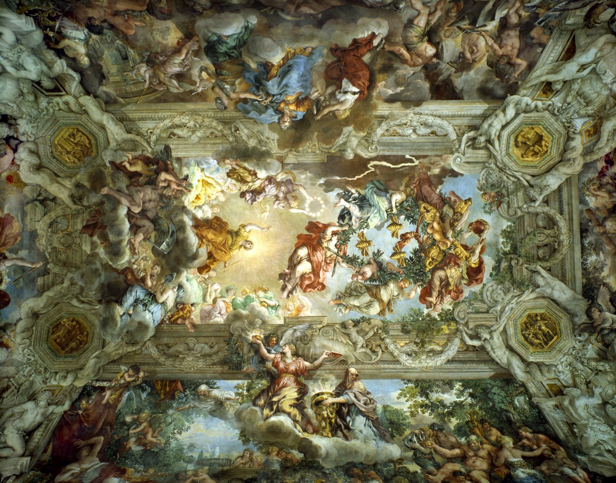 Az isteni gondviselés és a barberini erő allegóriája, a Palazzo Barberini csarnokának mennyezete, Róma, Olaszország, 1633-39 alkotó: Pietro da Cortona