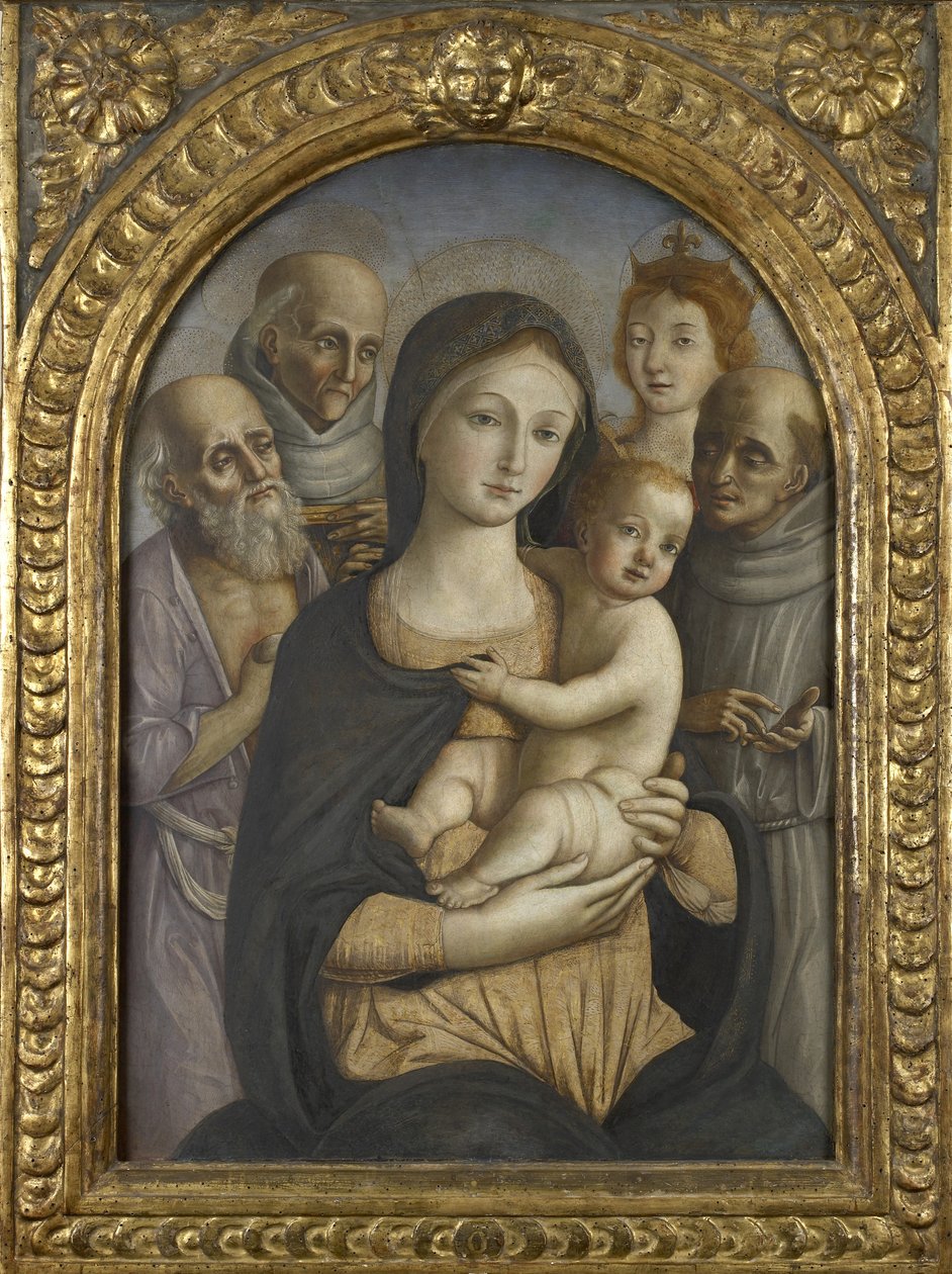 A Szűz és a Gyermek SS-szel. Jeromos, Sienai Bernardino, Alexandriai Katalin és Ferenc, 15. század alkotó: Pietro di Francesco degli Orioli