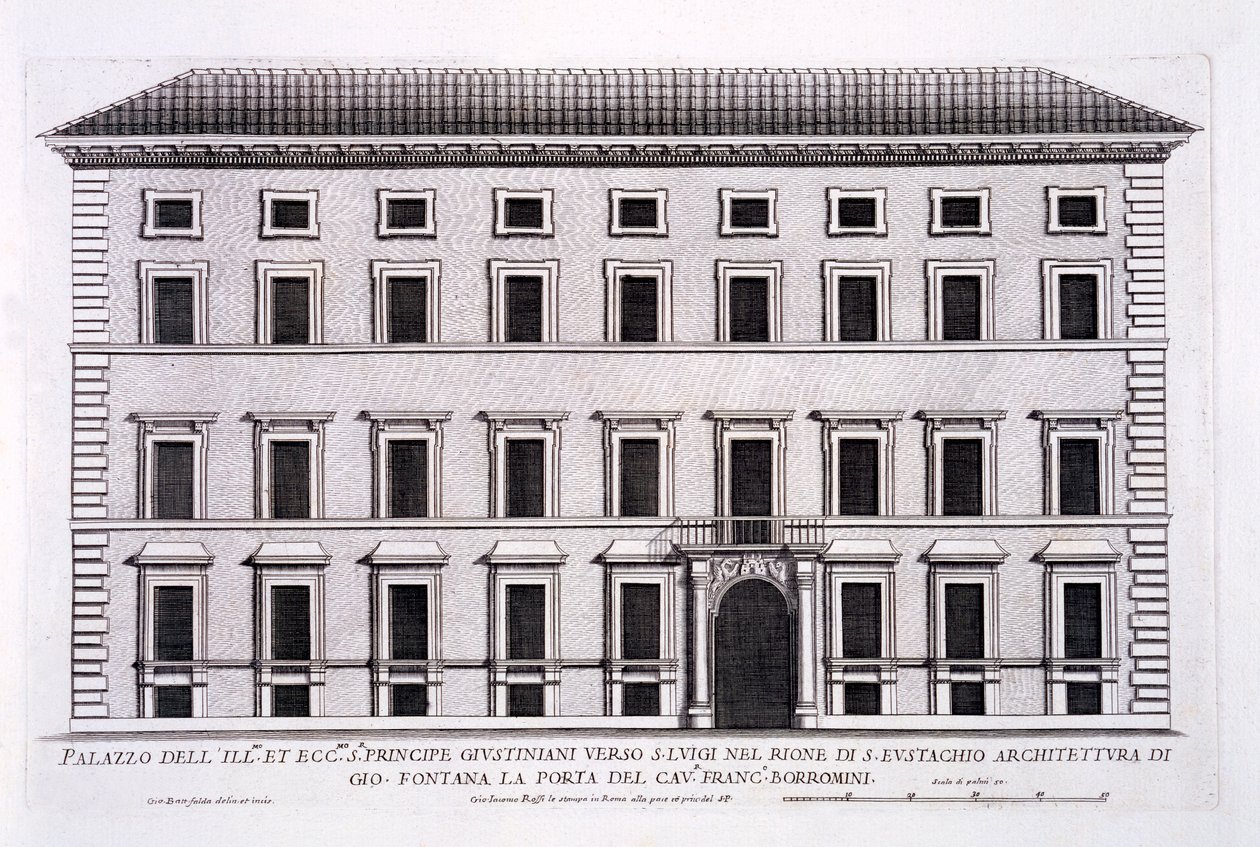 Palazzo Giustiniani, Róma, a "Palazzi di Roma" II. részéből, megjelent 1670-es években. alkotó: Pietro Ferrerio