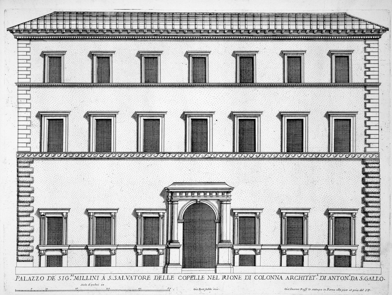 Palazzo Millini, Róma, a „Palazzi di Roma” II. részéből, 1670-es években jelent meg alkotó: Pietro Ferrerio