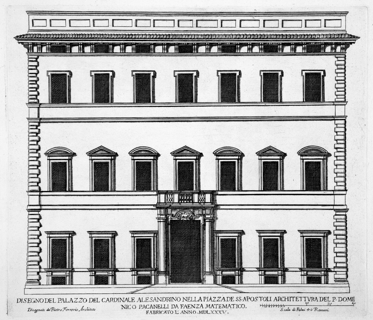 Alesandrino bíboros palotája, Piazza SS Apostoli, Róma, a "Palazzi di Roma" I. részéből, megjelent 1655-ben. alkotó: Pietro Ferrerio