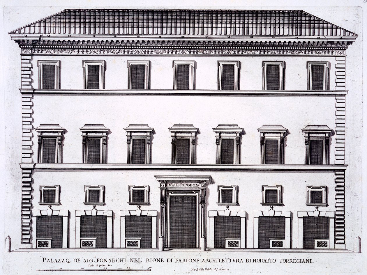 A Fonseca család palotája, Róma, a "Palazzi di Roma" II. részéből, megjelent 1670-es években. alkotó: Pietro Ferrerio