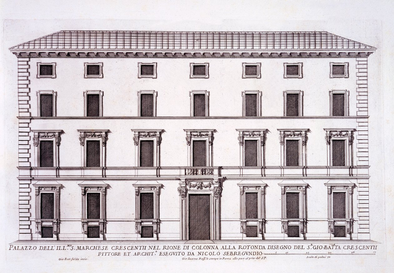 Giovanni Battista Crescentii márki palotája, Róma, a "Palazzi di Roma" II. részéből, megjelent 1670-es években. alkotó: Pietro Ferrerio