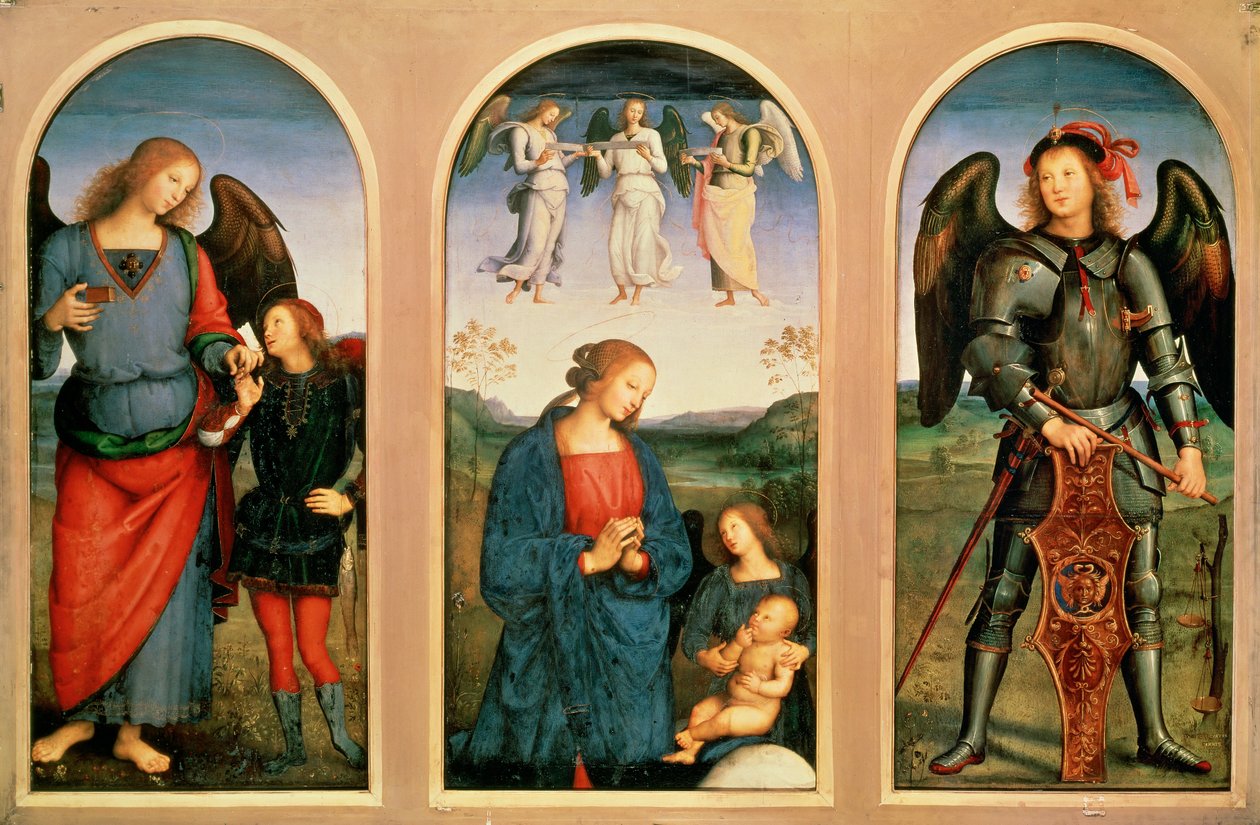 A szűz angyalokkal, balra és jobbra arkangyalok Raffaello a fiatal Tobias és a halak és Raffaello ... (festmény, vászon) alkotó: Pietro (after) Perugino