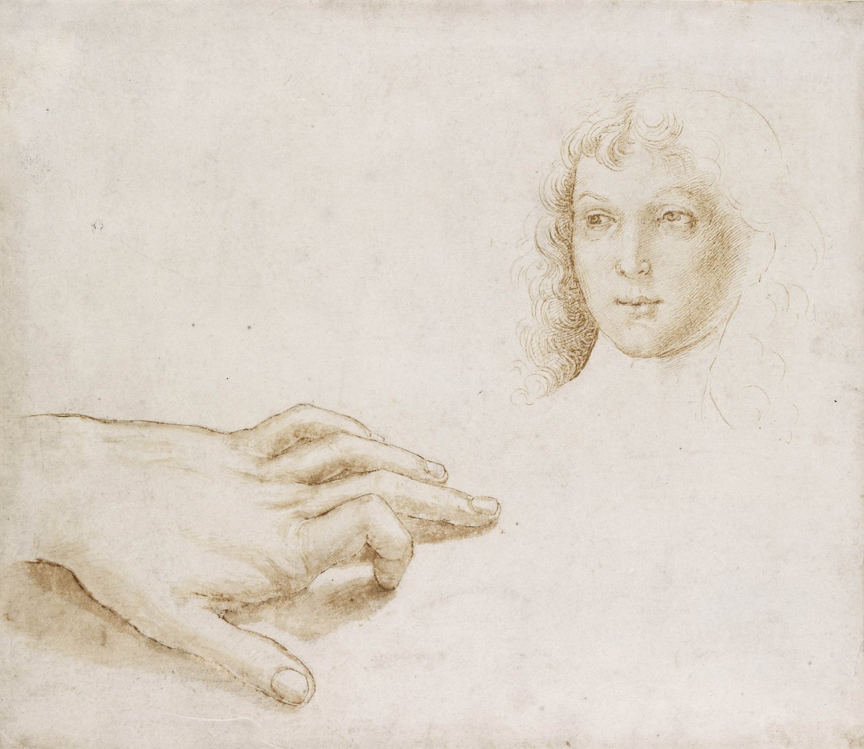 Fej és kéz tanulmányozása (toll és ecset világosbarna tintával fémhegyen fehér papíron) alkotó: Pietro (circle of) Perugino