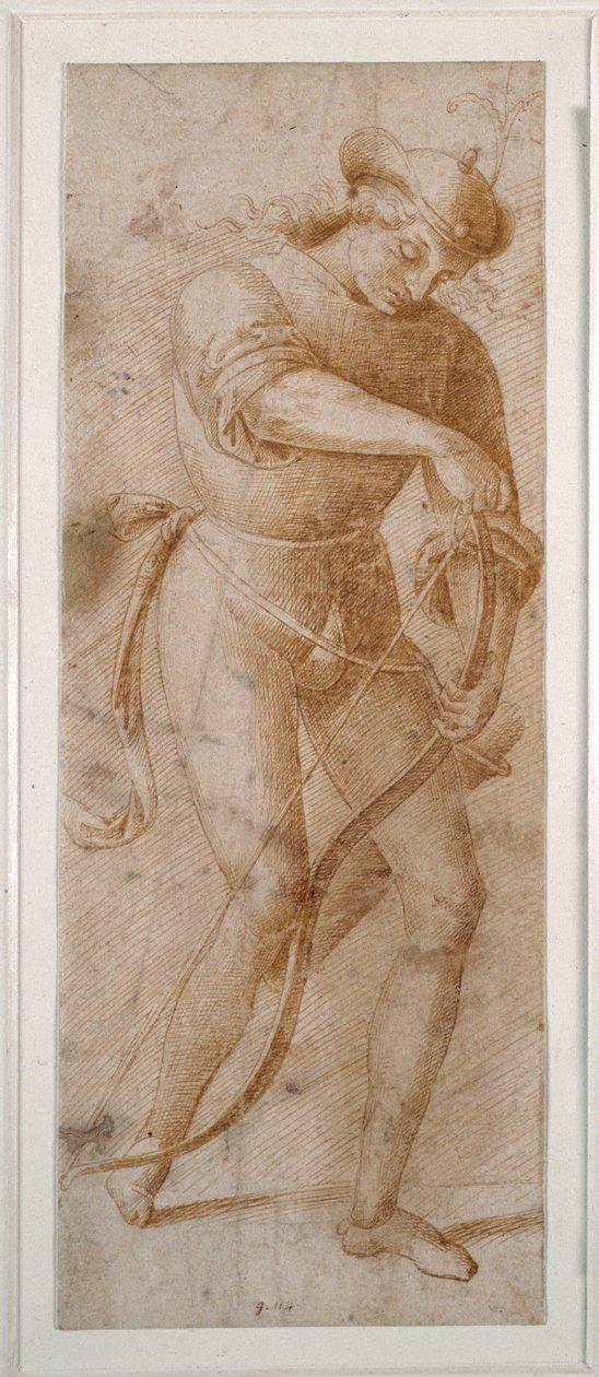 Egy fiatal férfi felfűzi az íját (toll és barna tinta fehér papíron) alkotó: Pietro (follower of) Perugino