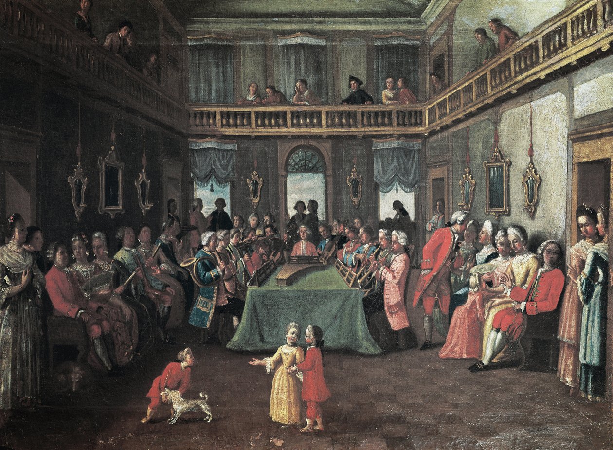Koncert egy magánházban - Privát koncert egy házban. Pietro Longhi iskolájának festménye alkotó: Pietro (school of) Longhi