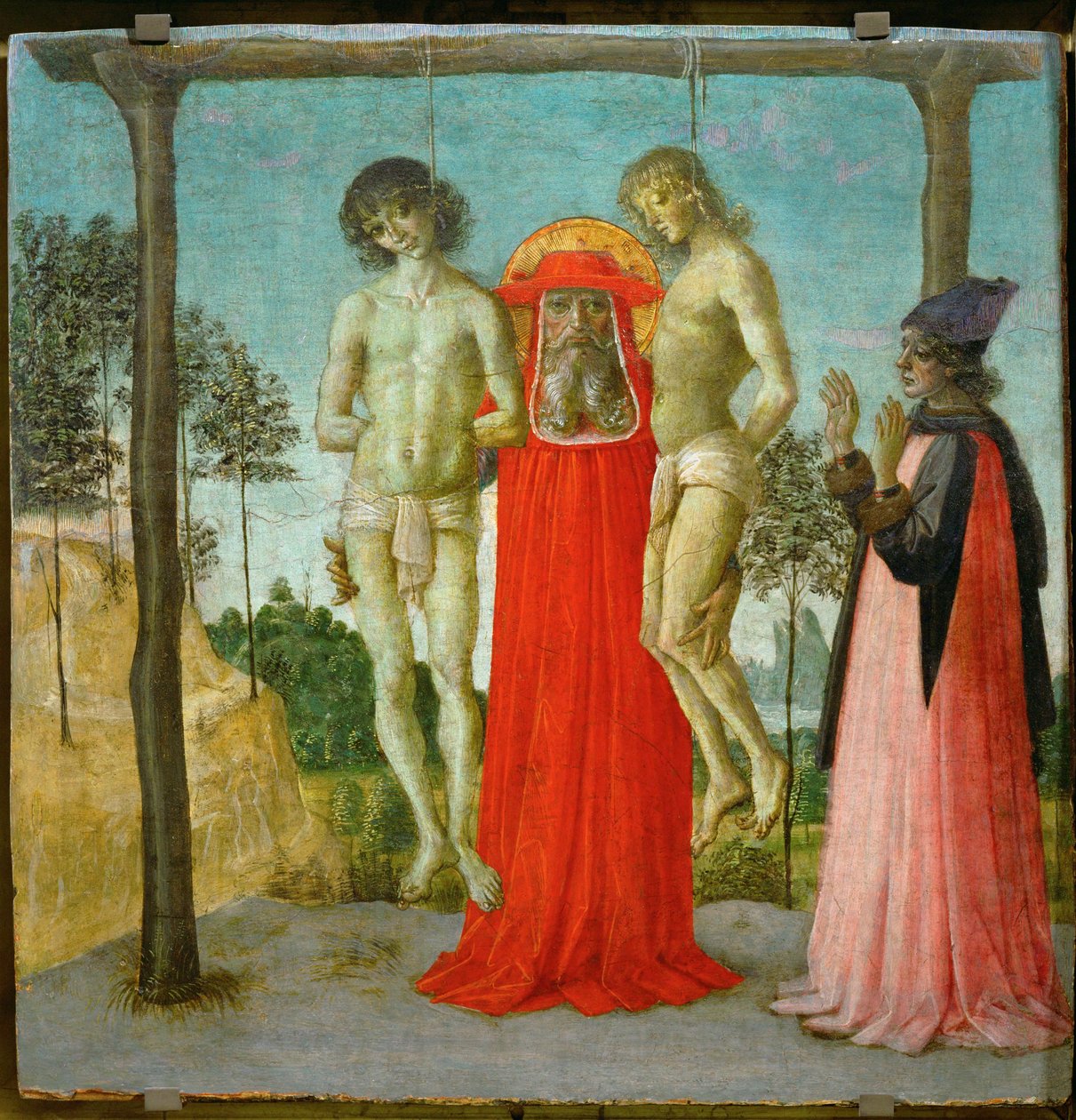 Szent Jeromos két felakasztott fiatalembert támogat ... alkotó: Pietro (studio of) Perugino