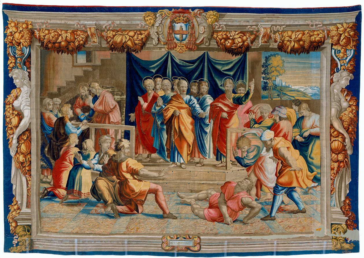 Tizenhetedik századi kárpit, amely Anania halálát ábrázolja alkotó: Pietro 1579 1669 Fevère