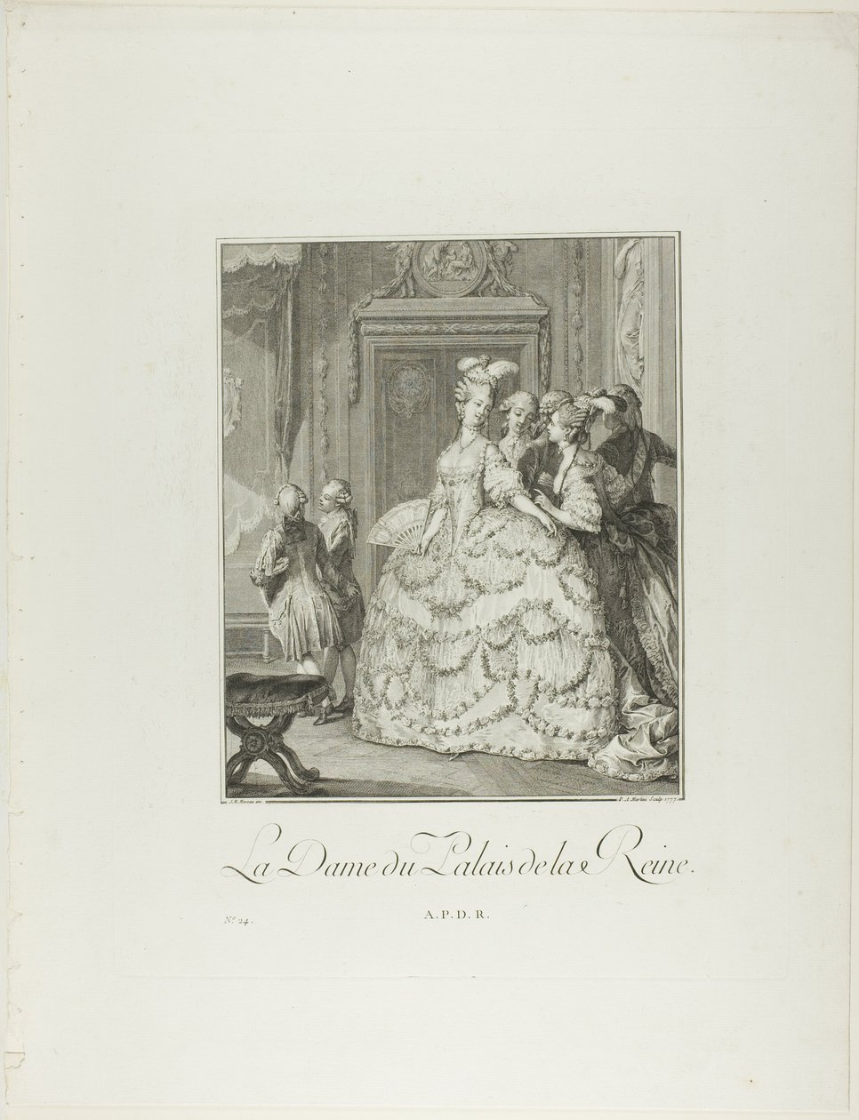 A királynő udvarhölgye, a Monument du Costume Physique et Moral de la fin du Dix-huitième siècle című kötetből alkotó: Pietro Antonio Martini