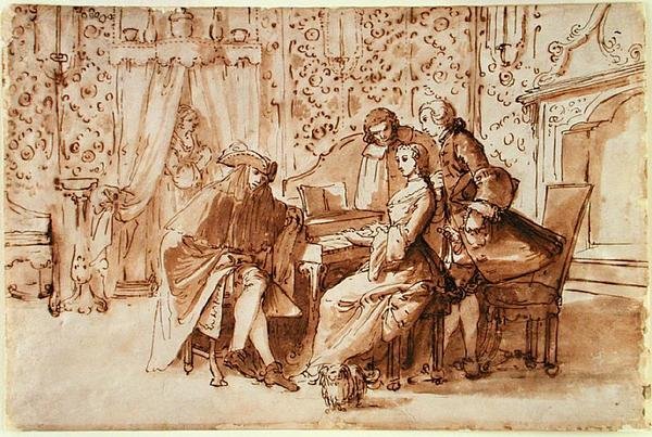 Zenés buli (toll és barna mosás fekete krétával papíron) alkotó: Pietro Antonio Novelli
