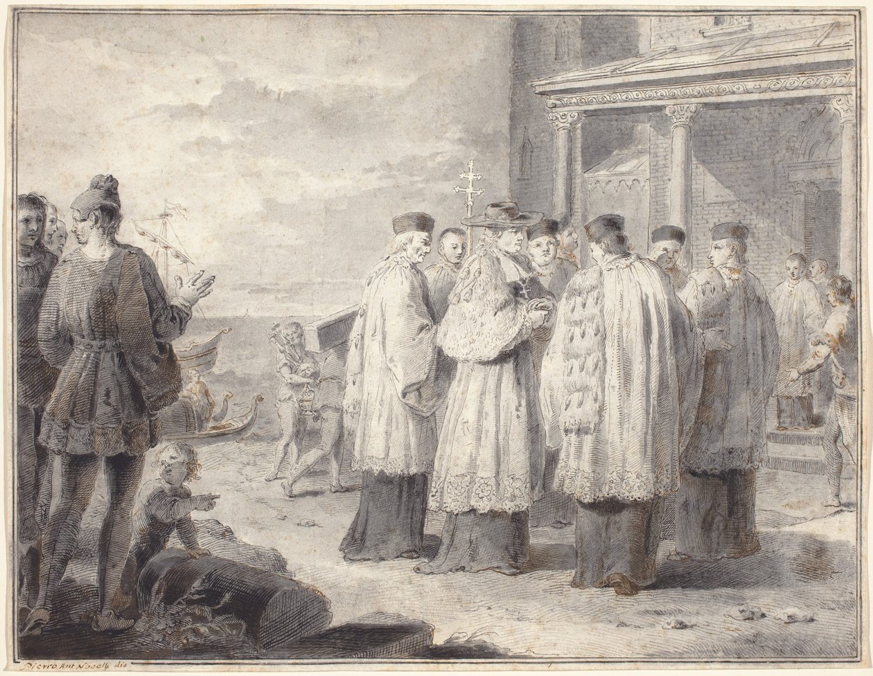 Paulinus, aquileiai bíboros és pátriárka áthelyezi székhelyét Gradóra alkotó: Pietro Antonio Novelli