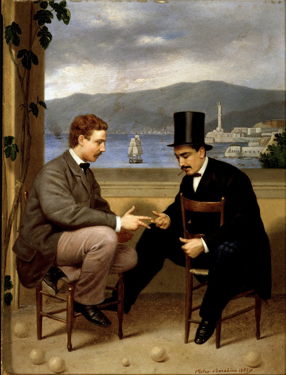 Két játékos meghal. Olasz eredetű játék „morra”, egy öltönyös, cilinderes és szivaros férfi szája kaliforonban ül a széken. Pietro Barabino (1822-1869) festménye 1865 V. 25,5x19,5 cm Genes, Galleria d