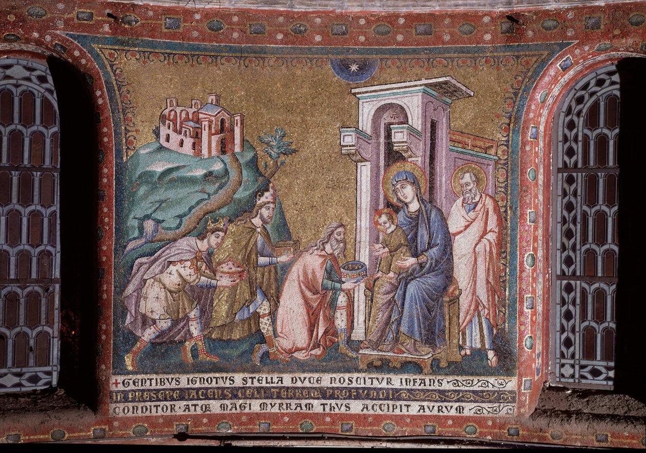 Pietro Cavallini apszisának mozaikmágusainak imádása (1273-1330 körül tevékenykedett) 13. század vége (Mágusok imádása, Pietro Cavallini apszisának mozaikja, 13. század vége) Róma, Santa Maria in Trastevere Olaszország alkotó: Pietro Cavallini