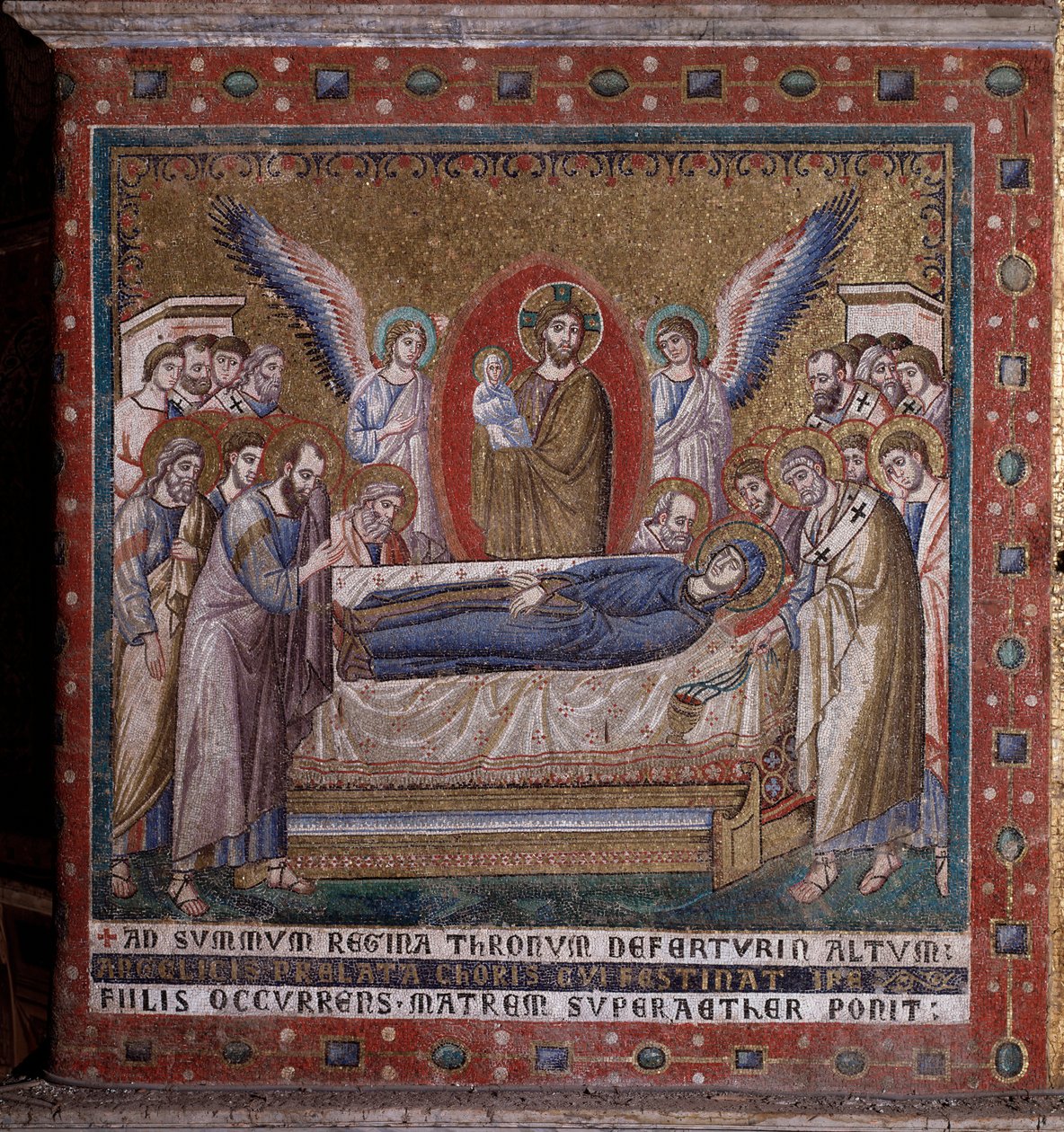 Pietro Cavallini apszisának mozaiknyugalma (aktív 1273-1330 körül) 13. század vége (Szűz tranzitja, Pietro Cavallini mozaikja az apszisból, 13. század vége) Róma, Santa Maria in Trastevere Italy templom alkotó: Pietro Cavallini