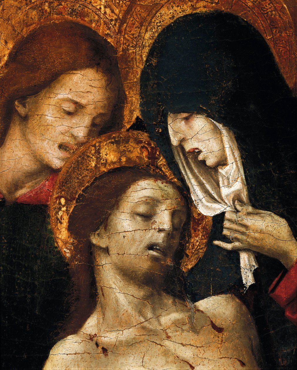 Leszállás a keresztről (Deposizione), Szent János, Szűz Mária és Krisztus részlete, 16. század eleje (tempera a táblán) alkotó: Pietro Cavaro