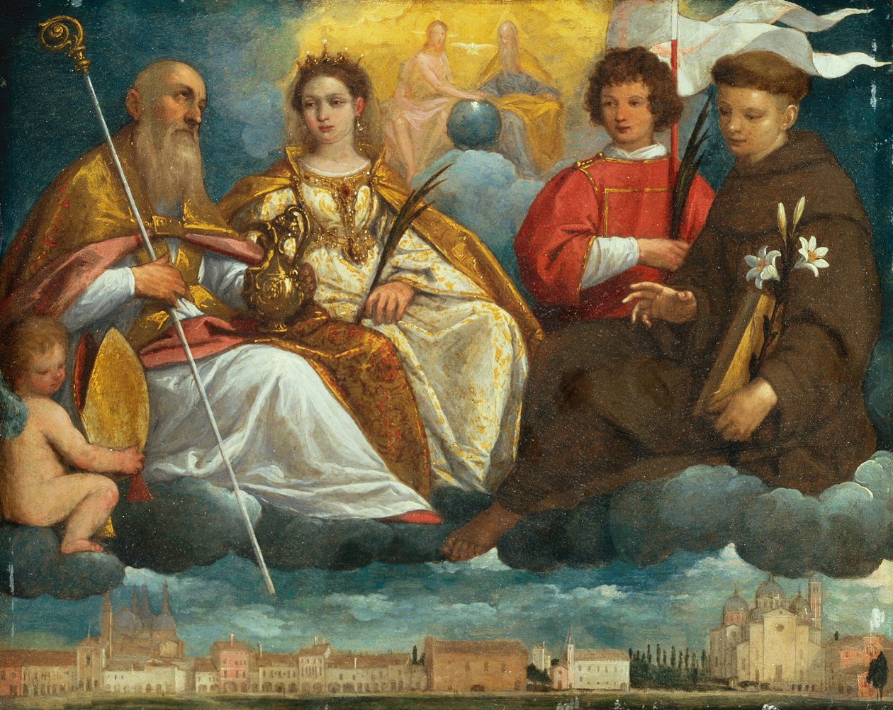 Páduai Szent Proszdokimusz, Jusztina, Dániel és Antonius a dicsőségben, kilátással a Prato Della Valle-ra, Padova (olaj, réz alkotó: Pietro Damini