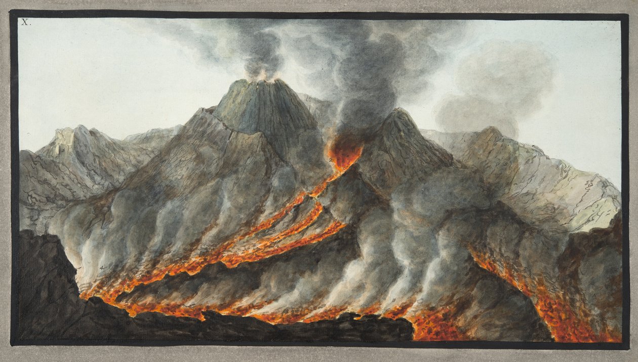 A Vezúv-hegy krátere egy eredeti, 1756-ban a helyszínen készült rajzból, Sir William Hamilton (1730-1803) „Campi Phlegrai: Observations of the Volcanoes of the Two Sicilies” című művének 10. táblája, alkotó: Pietro Fabris