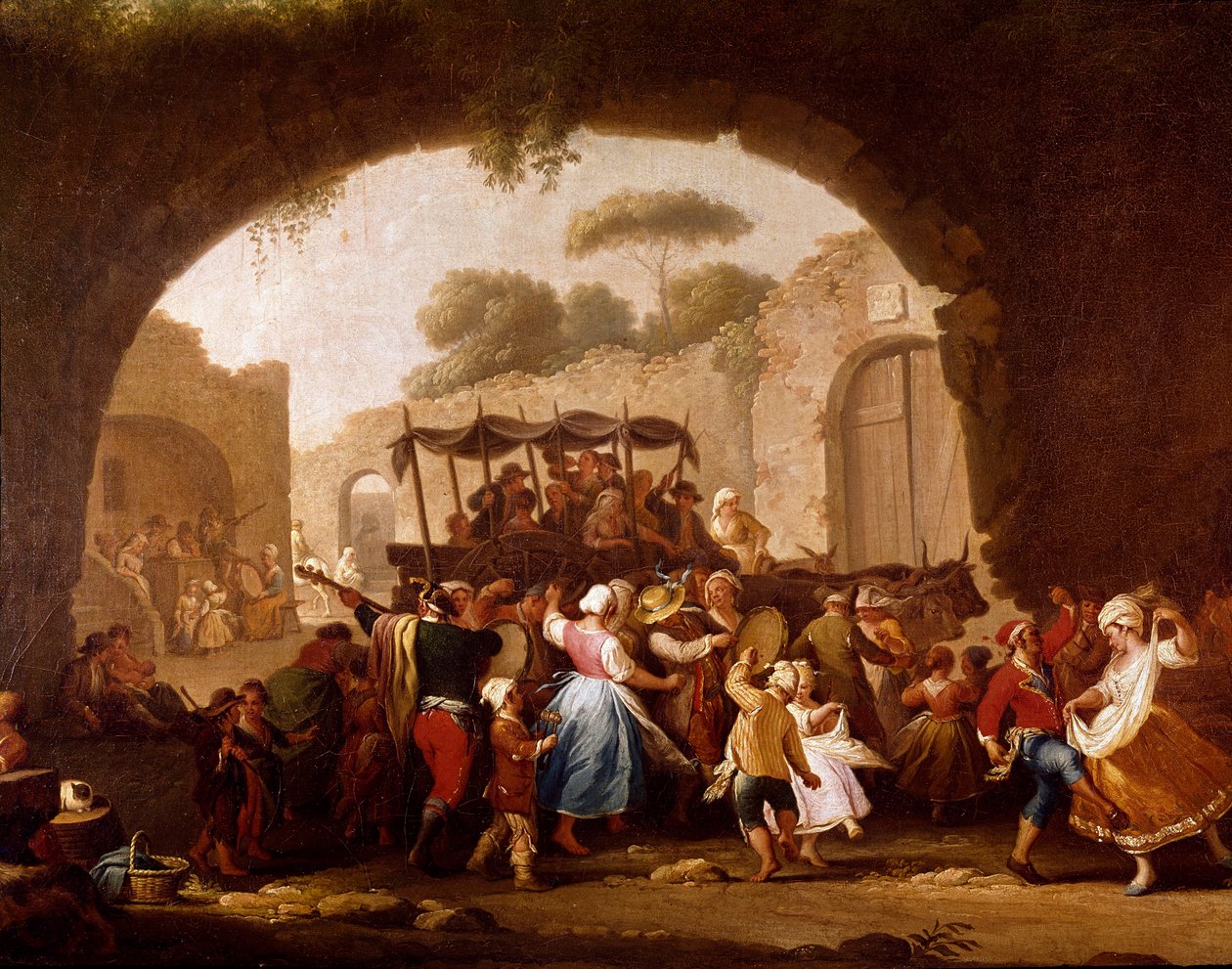 Táncos jelenet és népszerű buli Nápolyban. Tarantella táncosok (tarantella, tarantella). Pietro Fabris festménye (aktív 1763 és 1776 között) 18. századi Nápoly, Museo Nazionale di San Martino alkotó: Pietro Fabris