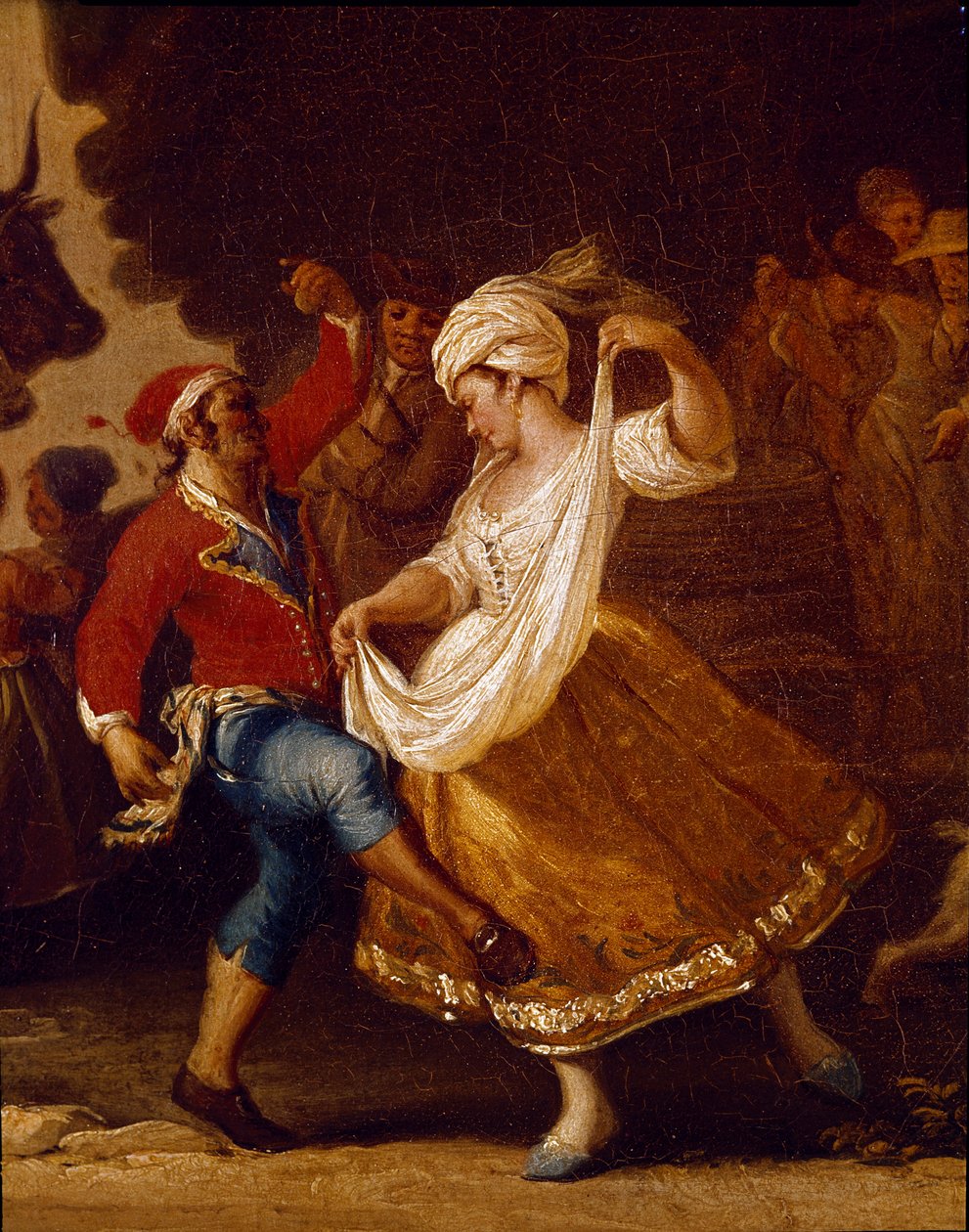 Táncjelenet és népszerű buli Nápolyban A tarantella részlete (tarantella, tarantella). Pietro Fabris festménye (aktív 1763 és 1776 között) 18. századi Nápoly, Museo Nazionale di San Martino alkotó: Pietro Fabris