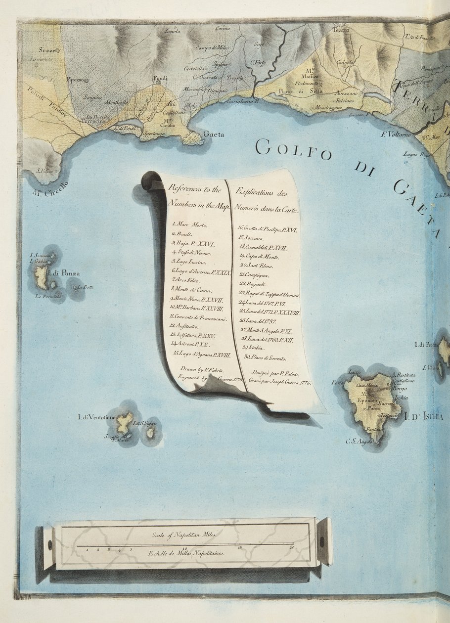 A Gaeta-öböl térképe Sir William Hamilton (1730-1803) „Campi Phlegraei: Megfigyelések a két Szicília vulkánjáról” című művéből, 1776-ban (kézzel színezett metszet) alkotó: Pietro Fabris